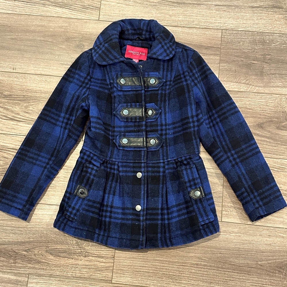 Girls 7-8 London Fog Military Style Blue and Black Tartan Plaid Coat Jacket